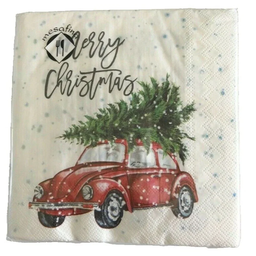 VW Bug Car Christmas Tree Red Paper Napkins Lunch Dinner 40 Ct 6.5x6.5